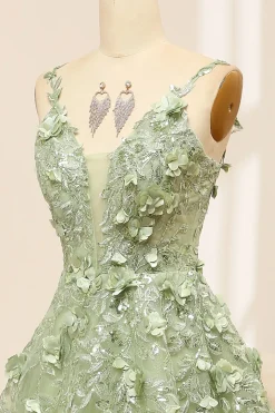 Green Spaghetti Straps A-Line Tulle Prom Dress With Appliques
