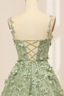 Green Spaghetti Straps A-Line Tulle Prom Dress With Appliques