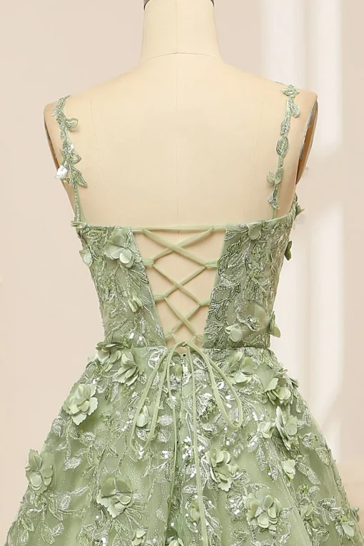 Green Spaghetti Straps A-Line Tulle Prom Dress With Appliques