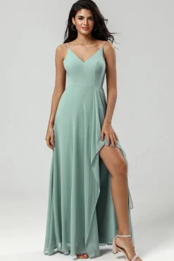 Green Spaghetti Straps Long Bridesmaid Dress with Ruffles