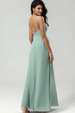 Green Spaghetti Straps Long Bridesmaid Dress with Ruffles