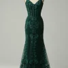 Green Spaghetti Straps Mermaid Corset Prom Dress with Appliques