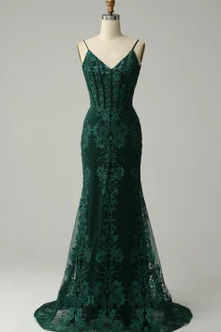 Green Spaghetti Straps Mermaid Corset Prom Dress with Appliques