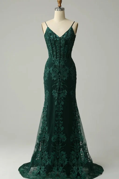 Green Spaghetti Straps Mermaid Corset Prom Dress with Appliques