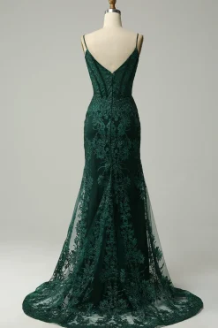 Green Spaghetti Straps Mermaid Corset Prom Dress with Appliques