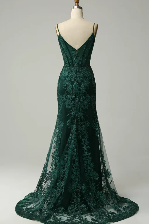 Green Spaghetti Straps Mermaid Corset Prom Dress with Appliques