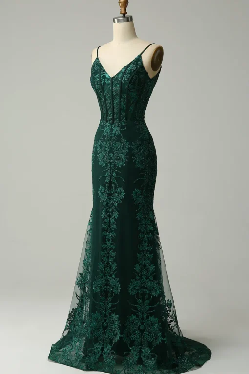 Green Spaghetti Straps Mermaid Corset Prom Dress with Appliques