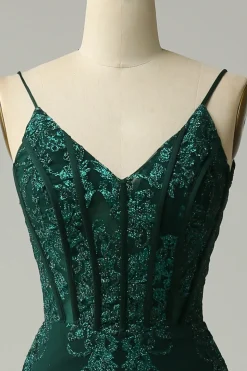 Green Spaghetti Straps Mermaid Corset Prom Dress with Appliques