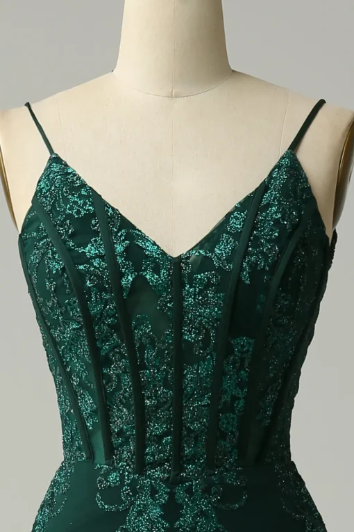 Green Spaghetti Straps Mermaid Corset Prom Dress with Appliques