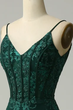 Green Spaghetti Straps Mermaid Corset Prom Dress with Appliques