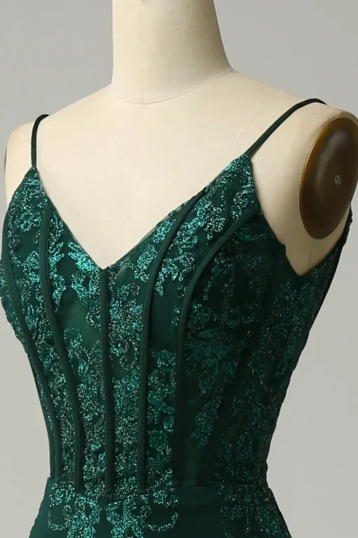 Green Spaghetti Straps Mermaid Corset Prom Dress with Appliques