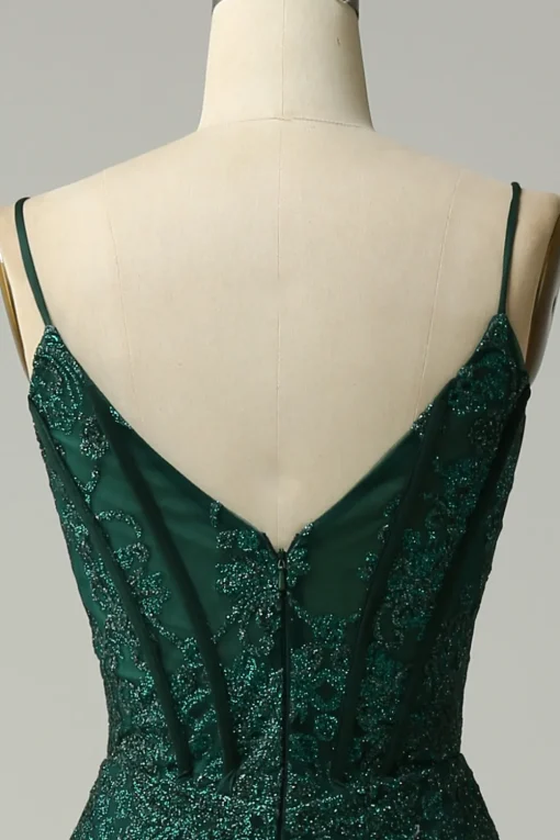 Green Spaghetti Straps Mermaid Corset Prom Dress with Appliques
