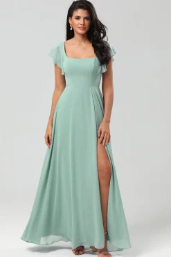 Green Square Neck Chiffon Bridesmaid Dress with Ruffles