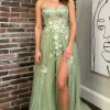 Green Strapless A Line Appliques Tulle Prom Dress with Slit