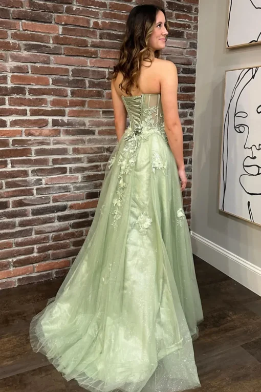 Green Strapless A Line Appliques Tulle Prom Dress with Slit