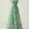 Green Tulle A Line Long Prom Dress with Embroidery