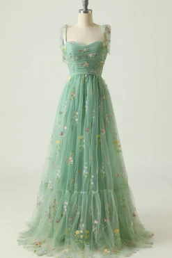 Green Tulle A Line Long Prom Dress with Embroidery