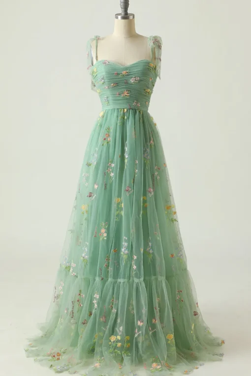 Green Tulle A Line Long Prom Dress with Embroidery