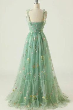 Green Tulle A Line Long Prom Dress with Embroidery
