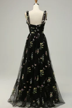 Green Tulle A Line Long Prom Dress with Embroidery