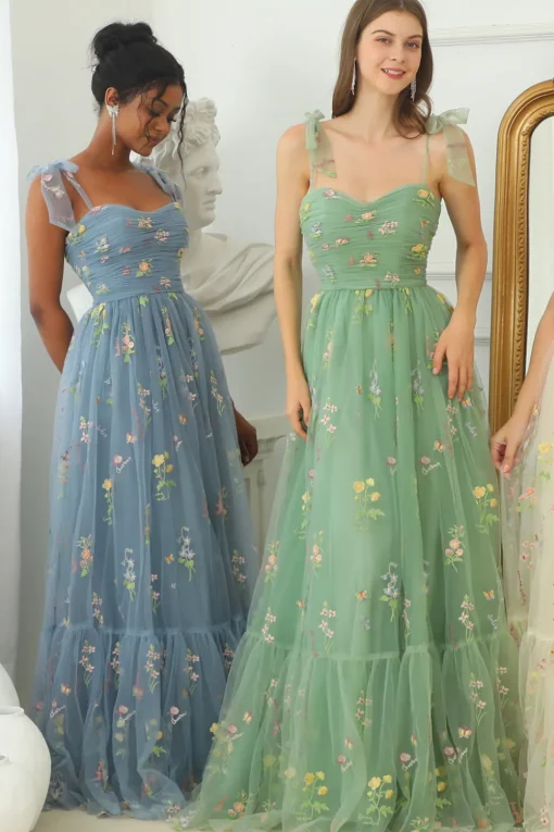 Green Tulle A Line Long Prom Dress with Embroidery