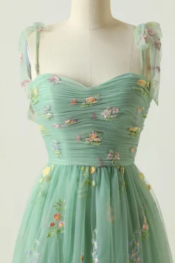 Green Tulle A Line Long Prom Dress with Embroidery