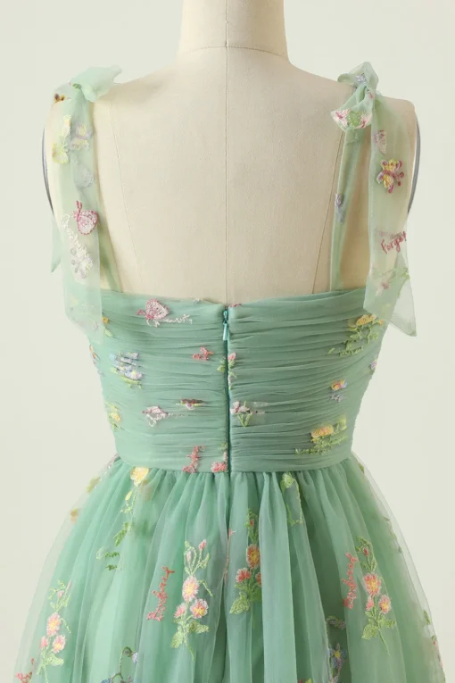 Green Tulle A Line Long Prom Dress with Embroidery