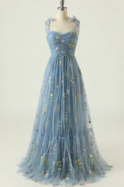 Green Tulle A Line Long Prom Dress with Embroidery