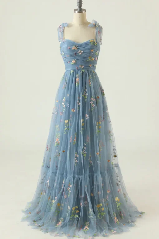 Green Tulle A Line Long Prom Dress with Embroidery