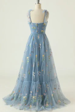 Green Tulle A Line Long Prom Dress with Embroidery