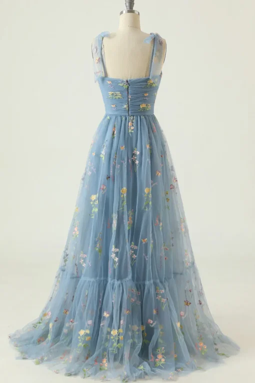 Green Tulle A Line Long Prom Dress with Embroidery