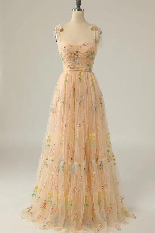 Green Tulle A Line Long Prom Dress with Embroidery