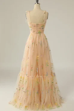 Green Tulle A Line Long Prom Dress with Embroidery