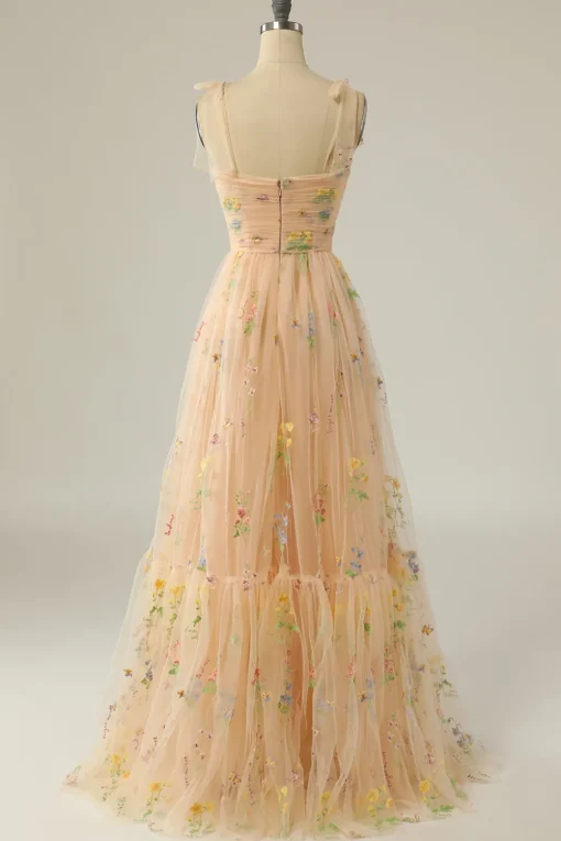 Green Tulle A Line Long Prom Dress with Embroidery