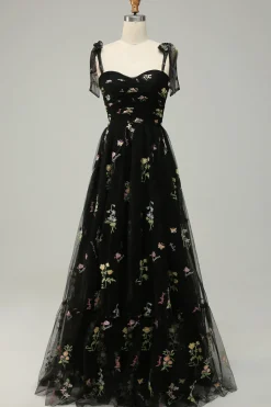 Green Tulle A Line Long Prom Dress with Embroidery