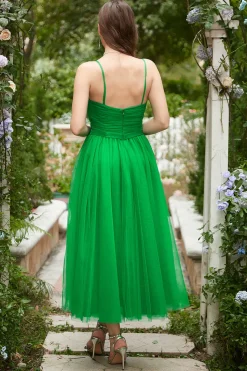 Green Tulle A Line Midi Prom Dress with Ruffles