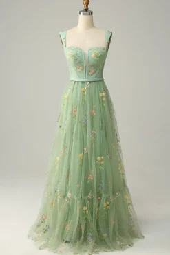 Green Tulle A Line Prom Dress with Embroidered