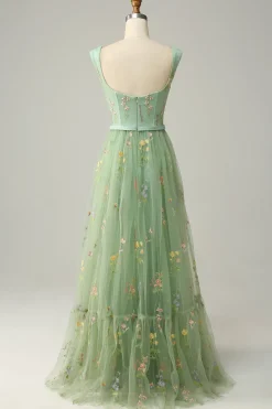 Green Tulle A Line Prom Dress with Embroidered