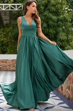 Green V Neck Satin Prom Dress with Ruffles