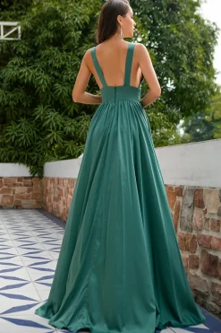 Green V Neck Satin Prom Dress with Ruffles
