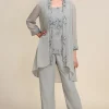 Grey 3 Piece Mother of the Bride Pant Suits with Lace