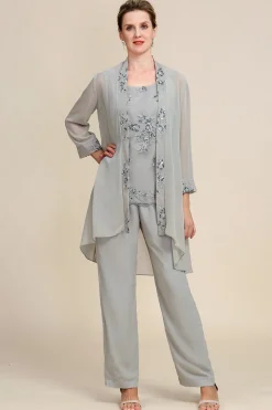 Grey 3 Piece Mother of the Bride Pant Suits with Lace