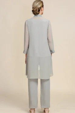 Grey 3 Piece Mother of the Bride Pant Suits with Lace