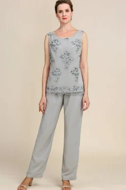 Grey 3 Piece Mother of the Bride Pant Suits with Lace