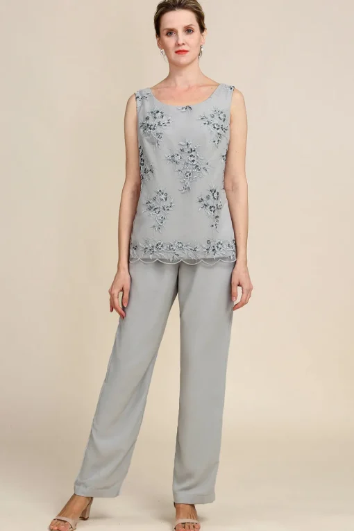 Grey 3 Piece Mother of the Bride Pant Suits with Lace