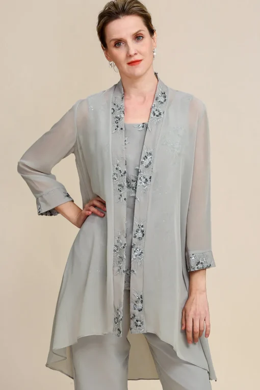 Grey 3 Piece Mother of the Bride Pant Suits with Lace