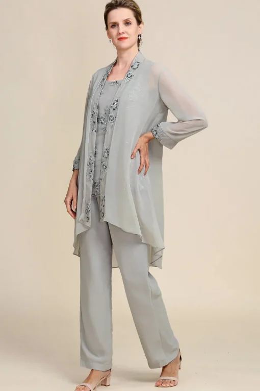 Grey 3 Piece Mother of the Bride Pant Suits with Lace