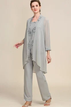 Grey 3 Piece Mother of the Bride Pant Suits with Lace