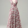 Grey and Pink Floral A Line Long Prom Dress