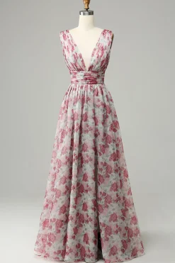 Grey and Pink Floral A Line Long Prom Dress